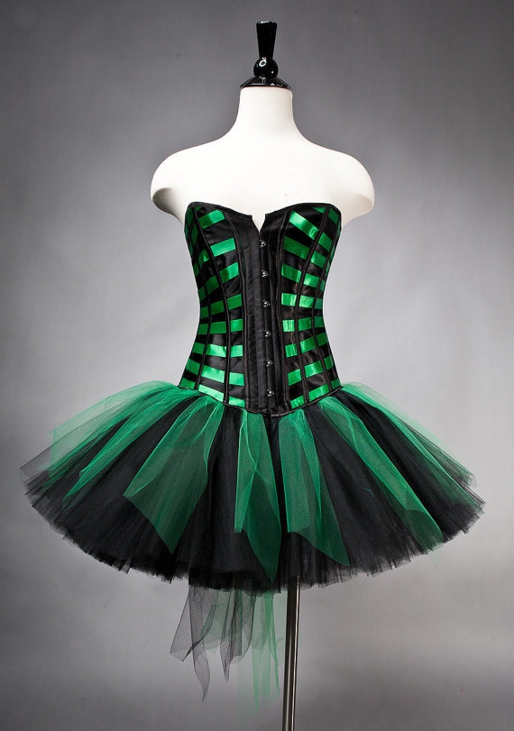 Green and Black Gothic Burlesque Corset Short Prom Party Dress