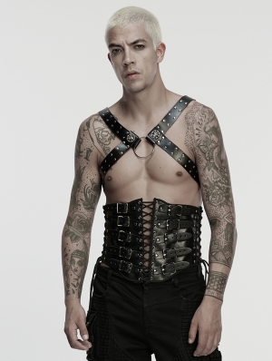 Black Gothic Punk Men's Harness with Detachable Chain