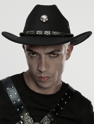 Black Gothic Punk Skull Chain Stylish Cowboy Hat