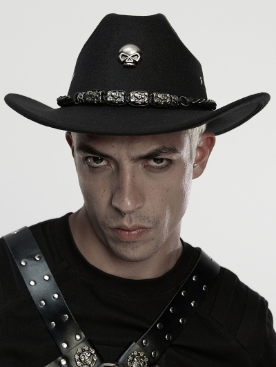Black Gothic Punk Skull Chain Stylish Cowboy Hat