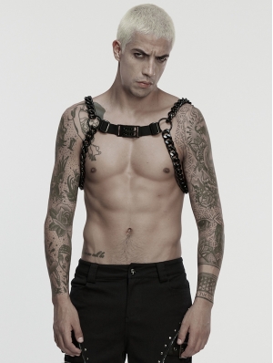Black Gothic Punk Men's Rugged Metal Chain Harness