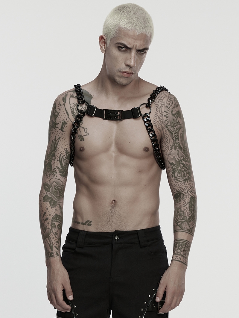 Black Gothic Punk Men's Rugged Metal Chain Harness