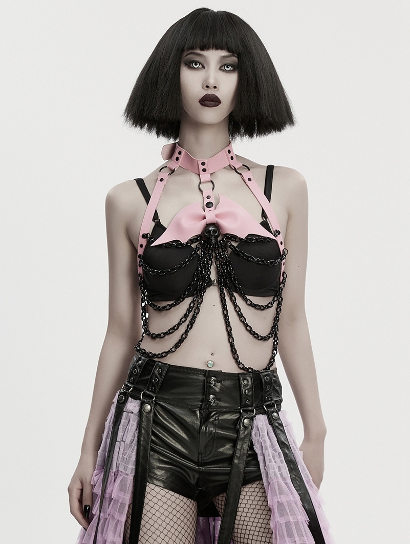 Black and Pink Gothic Punk Bat Bow Skull Chain Harness