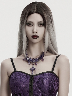 Violet Gothic Crystal Beaded Cross Pendant Necklace