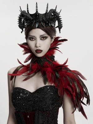 Black and Red Gothic Asymmetric Lace Feather Shawl