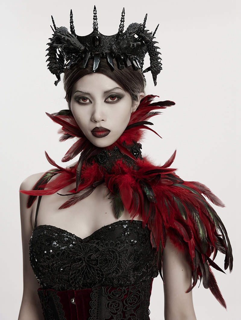 Black and Red Gothic Asymmetric Lace Feather Shawl