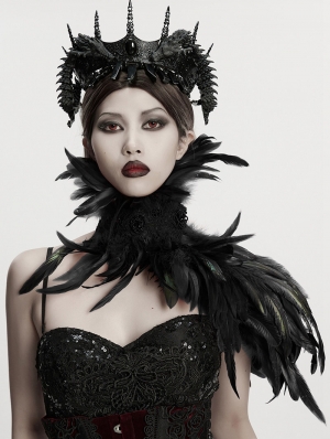 Black Gothic Asymmetric Lace Feather Shawl