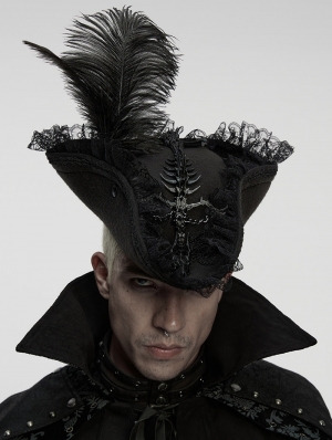 Black Gothic Skeleton Tricorn Feather Pirate Hat