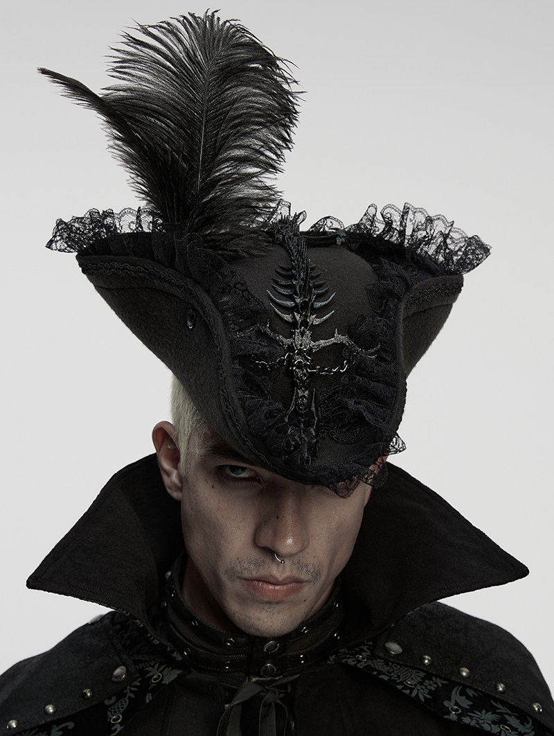Black Gothic Skeleton Tricorn Feather Pirate Hat