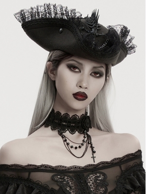 Black Gothic Rose Lace Beaded Chain Pendant Choker