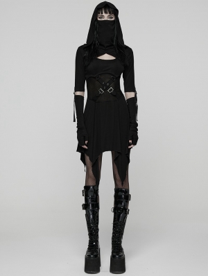 Black Gothic Punk Wasteland Cutout Hooded Face Mask Short Dress