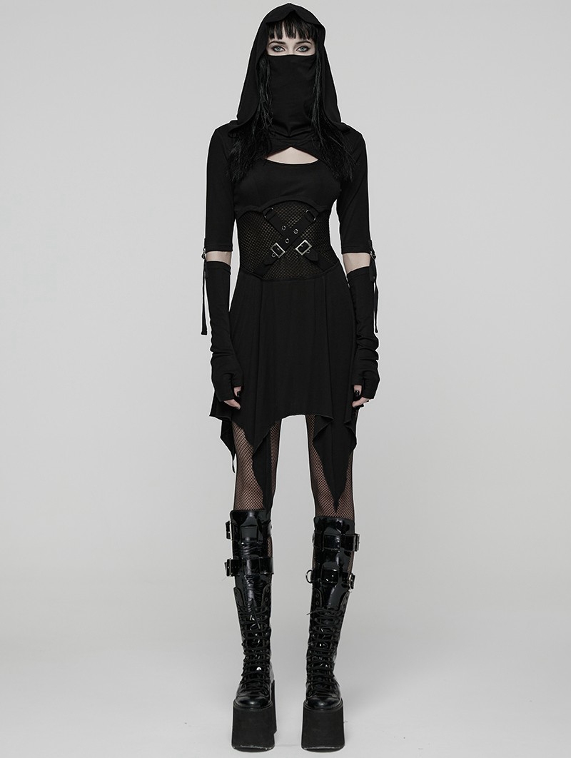 Black Gothic Punk Wasteland Cutout Hooded Face Mask Short Dress