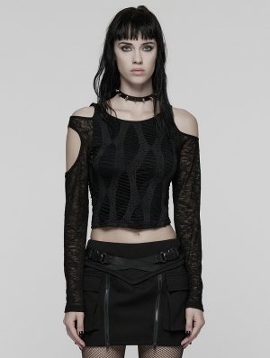 Black Gothic Daily Punk Irregular Hollow-Out Short T-Shirt for Women