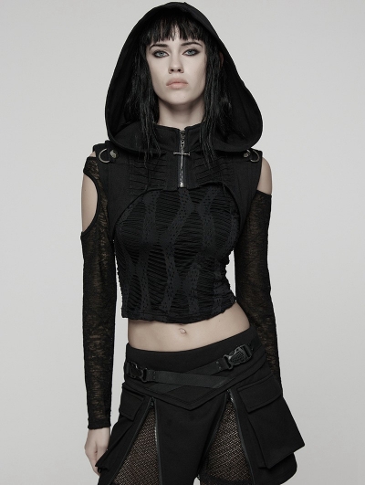 Black Gothic Wasteland Hooded Short Vest for Women