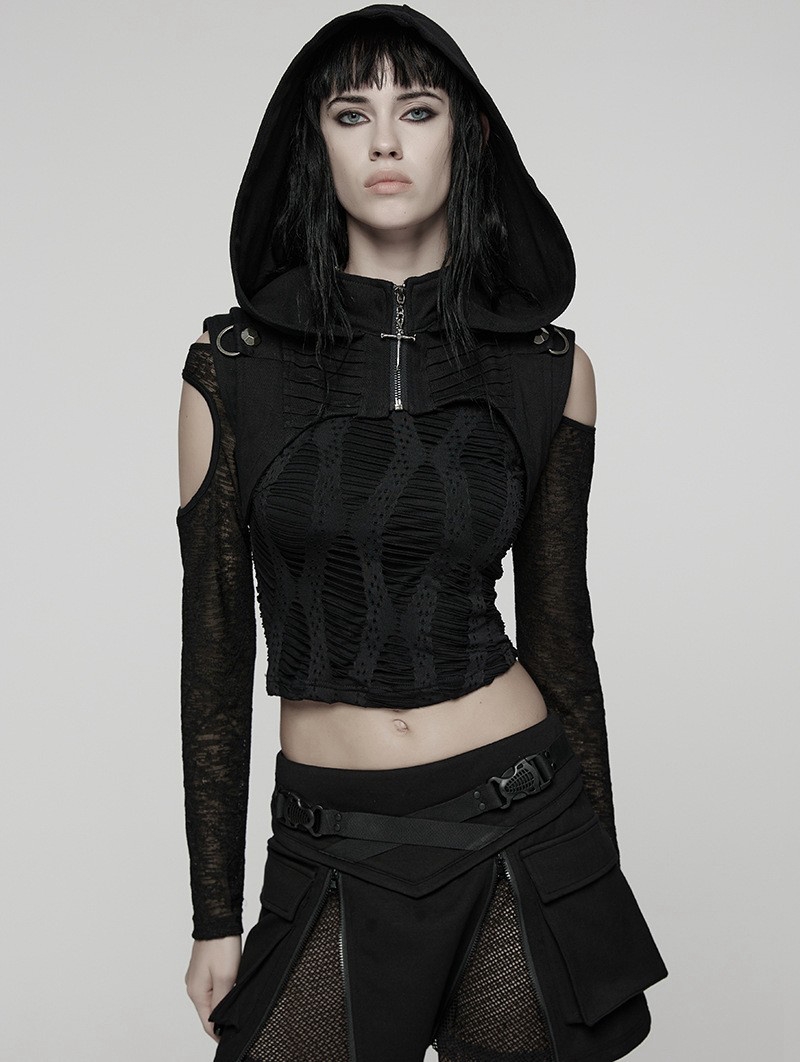 Black Gothic Wasteland Hooded Short Vest for Women