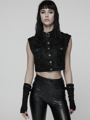 Black Gothic Cool Punk Short Stand Collar Vest Top for Women