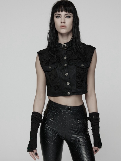 Black Gothic Cool Punk Short Stand Collar Vest Top for Women