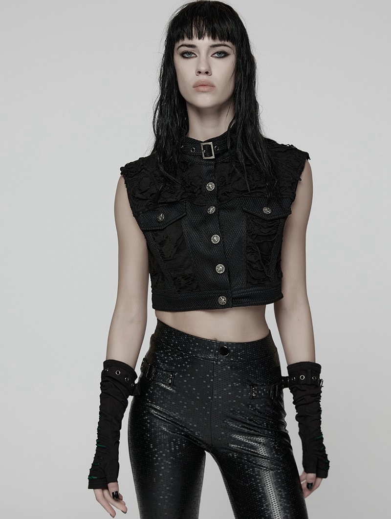 Black Gothic Cool Punk Short Stand Collar Vest Top for Women