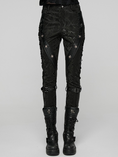 Black Gothic Punk Patchwork Snake Print Trousers for Women