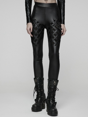 Black Gothic Punk Woven-Cross Panelled Leggings for Women