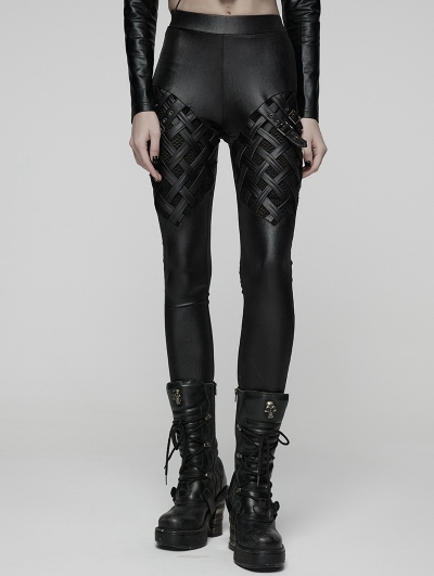 Black Gothic Punk Woven-Cross Panelled Leggings for Women