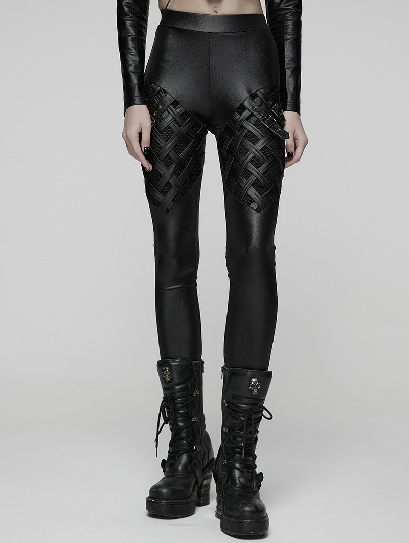 Black Gothic Punk Woven-Cross Panelled Leggings for Women