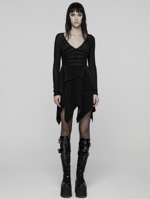 Black Gothic Punk Rivet Mesh Layered Irregular Dress