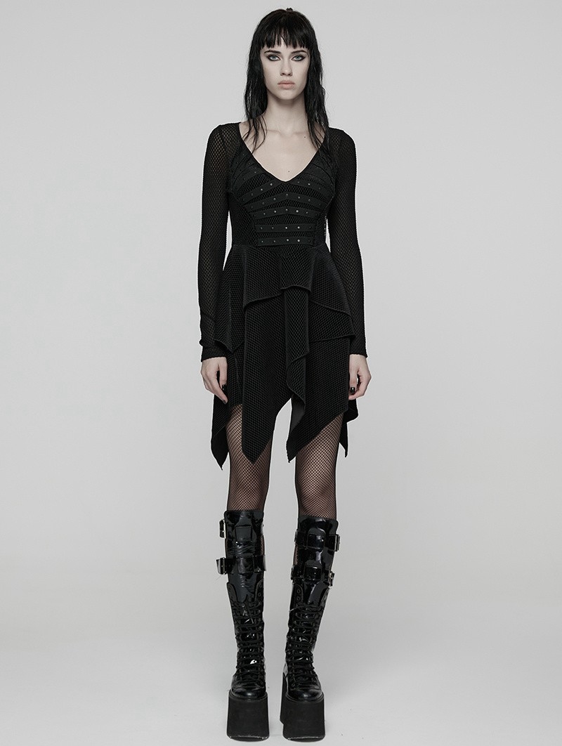Black Gothic Punk Rivet Mesh Layered Irregular Dress