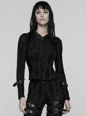 Black Gothic Decadent Punk Long Sleeve Hooded T-Shirt for Women