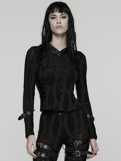 Black Gothic Decadent Punk Long Sleeve Hooded T-Shirt for Women