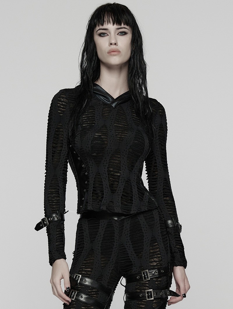 Black Gothic Decadent Punk Long Sleeve Hooded T-Shirt for Women