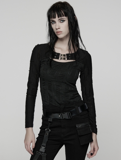 Black Gothic Punk Pleated Long Sleeve T-Shirt for Women