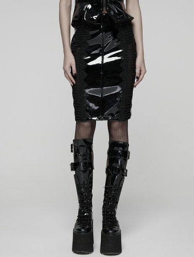 Black Gothic Lace Trim Patent Leather Midi Skirt