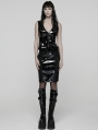Black Gothic Lace Trim Patent Leather Midi Skirt