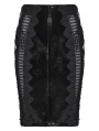 Black Gothic Lace Trim Patent Leather Midi Skirt