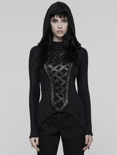 Black Gothic Punk Hooded Asymmetrical T-Shirt for Women