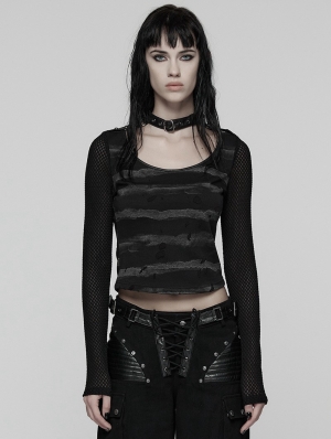 Black and Grey Gothic Punk Stripe Short T-shirt for Women