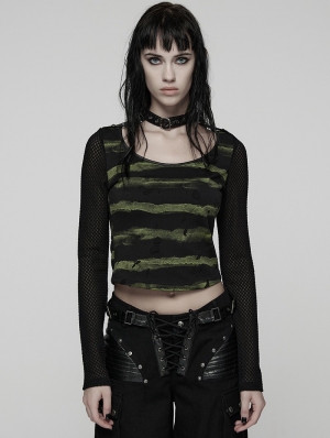 Black and Green Gothic Punk Stripe Short T-shirt for Women