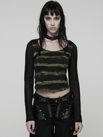 Black and Green Gothic Punk Stripe Short T-shirt for Women