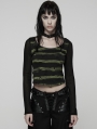 Black and Green Gothic Punk Stripe Short T-shirt for Women