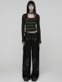 Black and Green Gothic Punk Stripe Short T-shirt for Women