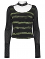 Black and Green Gothic Punk Stripe Short T-shirt for Women