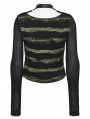 Black and Green Gothic Punk Stripe Short T-shirt for Women
