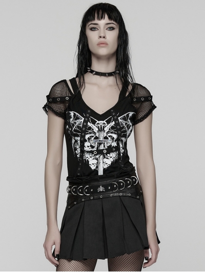 Black Gothic Punk Printed Mesh Spliced T-shirt for Women