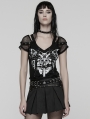 Black Gothic Punk Printed Mesh Spliced T-shirt for Women