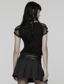 Black Gothic Punk Printed Mesh Spliced T-shirt for Women