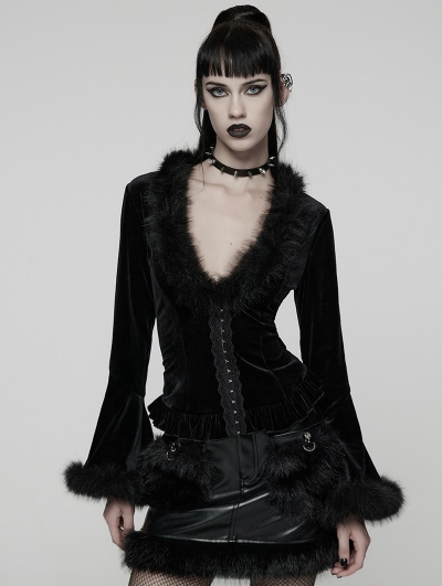 Black Gothic Furry V-Neck Velvet Cardigan for Women