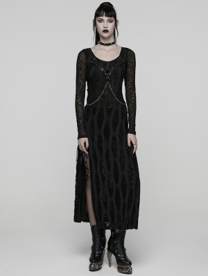 Black Gothic Decadent Punk Style Slit Long Dress