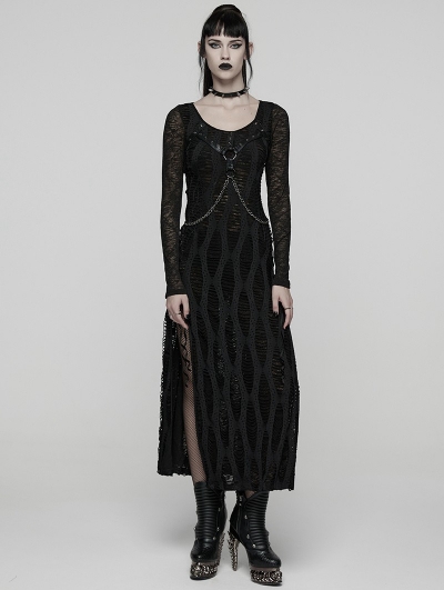 Black Gothic Decadent Punk Style Slit Long Dress