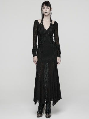 Black Gothic Punk Halterneck Asymmetric Long Dress